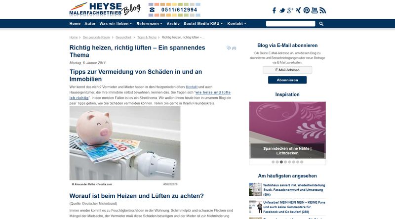 Screenshot der Webseite von Maler Heyse zum Thema "Richtig heizen, richtig lüften"